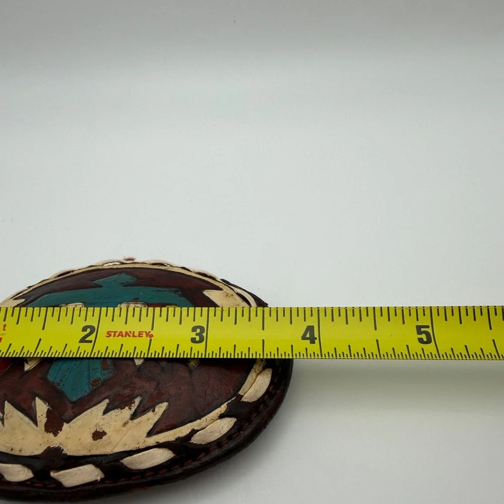 VTG Justin Leather Belt Buckle Hand Tooled Thunderbird Painted Oval 61-P‎